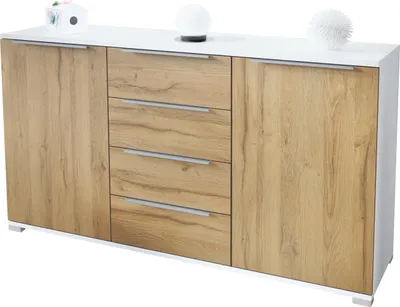Produktbild von Vladon Sideboard Linio V1, Anrichte mit 2 Türen und 4 Schubladen, Weiß matt / Eiche Natur (138,5 x 75,5 x 35 cm)