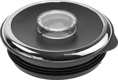 A close-up view of a round, black lid with a silver rim and a clear plastic knob in the center.