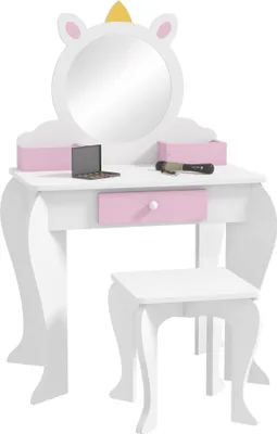 Obrázek produktu pro Dětský toaletní stolek - Toaletní stolek - Se zrcadlem - Se stoličkou - Zásuvky a přihrádky - Design jednorožce - Pro děti od 3 do 6 let - Dřevo - Bílá barva