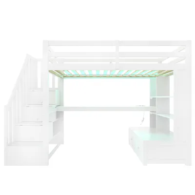 Produktbild von Merax Etagenbett 90x200, mit Schreibtisch, Regalen, LED, Schubladen & Stauraumtreppe, Hochbett Stockbett, Kinderbett Jugendbett, Weiß