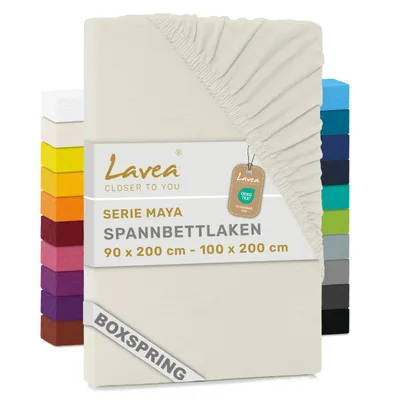 Produktbild von Lavea® Spannbettlaken 200 x 220 cm Maya Jersey, Boxspringbetten, Wasserbetten, Bettlaken 100% Baumwolle, Matratzen bis 35 cm, Spannbetttücher, Creme Naturweiß