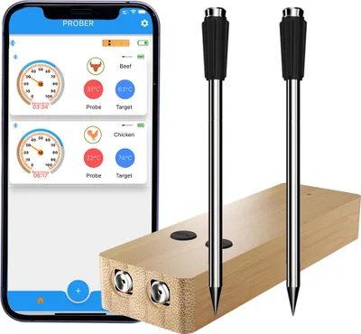 Obrázek produktu pro Inteligentní teploměr na maso, vyskakovací teploměr na potraviny s okamžitým odečtem, ovládání APP s bezdrátovým dosahem 500 stop, časový alarm, grilovací teploměr pro venkovní grilování s úložným prostorem a nabíjecí stanicí