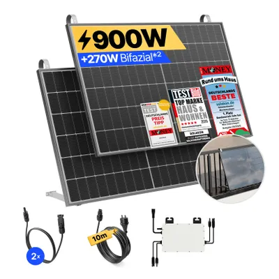 Produktbild von Balkonkraftwerk 900W Solaranlage mit Balkon Halterung Steckerfertig Komplettset Photovoltaik Anlage 800W, Kabellänge: 10m, Solakon - onLite