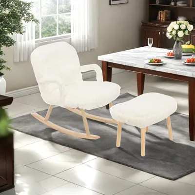 Produktbild von ProximaX Weißes langhaariges Kaschmirstuhl mit veränderbarer Schaukelfunktion, langhaarigem Armlehnenteil und Fußstütze für Wohnzimmer oder Schlafzimmer