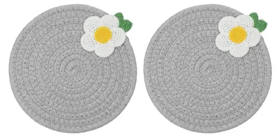 2 geflochtene Platzsets, rund, 18 cm, Baumwolle, grau, Blumenmuster