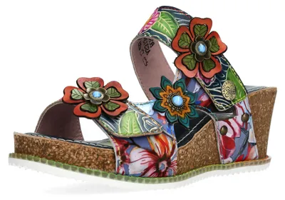 Produktbild von Laura Vita Damen Pantolette Blütenapplikation Keilabsatz in Korkoptik Bonito 31, Größe:37 EU, Farbe:Blau