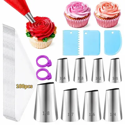 Image de Kit de douilles de décoration : 113 pièces, comprenant 8 douilles en acier inoxydable, 100 poches à douille jetables, 3 spatules à gâteau et 2 attaches en silicone