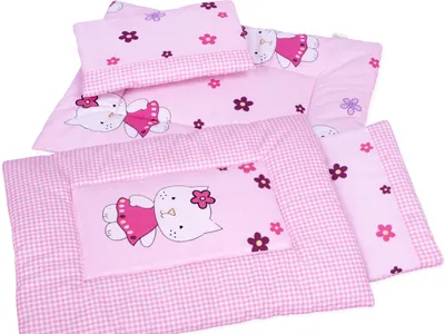 Produktbild von Puppenbettwäsche mit BOBO Puppenbettwäsche-Applikation - Rosa Karo mit Katze
