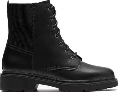 A black lace-up boot with a ribbed elasticated ankle cuff, shown from the side against a white background.