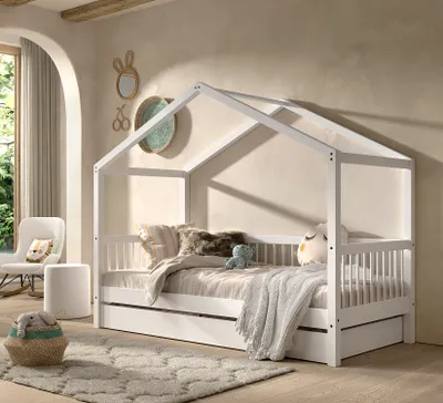 Produktbild von VIPACK - Hausbett mit LF 90 x 200 cm, inkl. Lattenrost, m. Bettschublade, Ausf. Buche massiv weiß lackiert