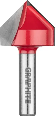 A close-up studio shot of a V-groove router bit.