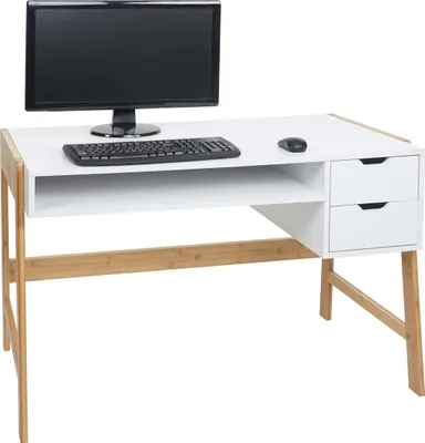 Immagine prodotto di Scrivania HWC-K12, scrivania per ufficio, scrivania per computer, cassetto, bambù 76x115x58cm ~ bianco