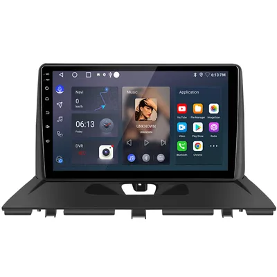 A car stereo system with a touchscreen display showing various applications and information.
