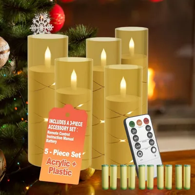 Obrázok produktu pre Sada 5 LED sviečok LARS360 s diaľkovým ovládaním, zabudovaným efektom plameňa, časovačom, možnosťou stmievania, bezdrôtové, vrátane 10 batérií AA, výška 14/16/18/20 cm, zlatá farba