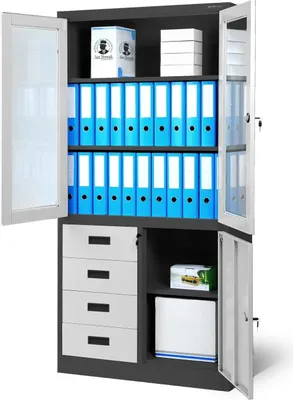Produktbild von Aktenschrank Büroschrank Metallschrank Flügeltüren Schubladen Pulverbeschichtung Metall 185 cm x 90 cm x 40 cm (H x B x T) Farbe: Anthrazit-weiß