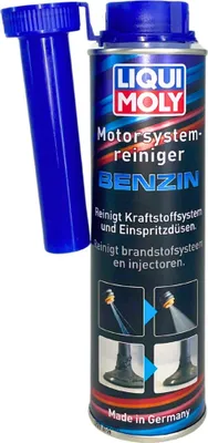 A can of Liqui Moly Motorsystemreiniger Benzin with its blue nozzle attachment.