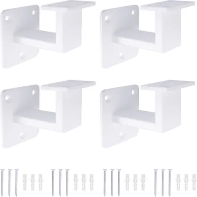 Four white handrail brackets and screws are arranged on a white background.