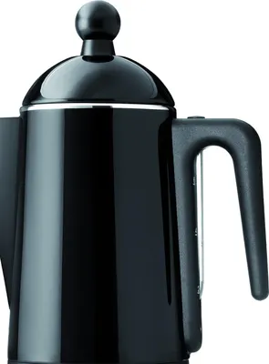 A close-up studio shot of a black coffee percolator.