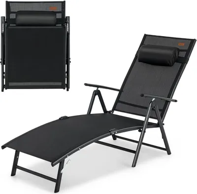 Produktbild von GOPLUS Sonnenliege, Liegestuhl klappbar, Gartenliege , 7 Position verstellbar, Relaxliege mit Kopfstütze, bis zu 150kg, Strandliege (Schwarz)