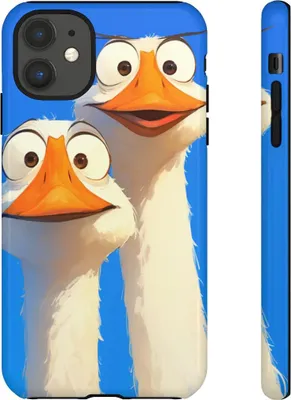 Produktbild von Zwei lustige Gänse mit großen Augen auf blauem Hintergrund – Hülle Kompatibel mit iPhone 11