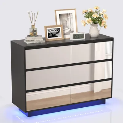 Productafbeelding van Spiegelschaaf met LED-verlichting. Kommode met 6 lades. Afmetingen: 100 x 34 x 72,5 cm. Kleur: zwart