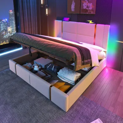 Produktbild von Polsterbett 160x200cm Beige mit Stauraum, LED-Beleuchtung und USB/USB-C am Kopfteil, Bettgestell aus Leinenmaterial mit Holzlattenrost