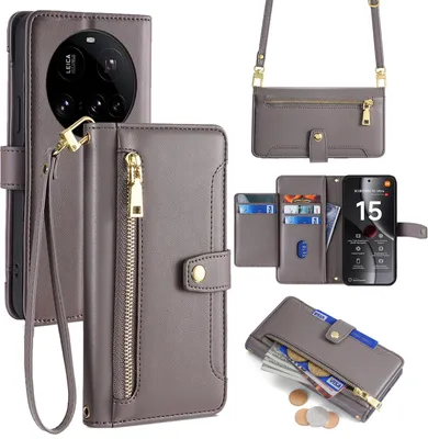 A collage of images showcasing a grey leather wallet phone case with a strap and card slots, designed for a Xiaomi 15 Ultra.