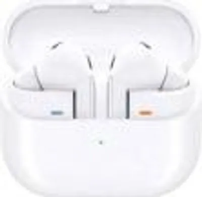 A pair of white wireless earbuds in their charging case.