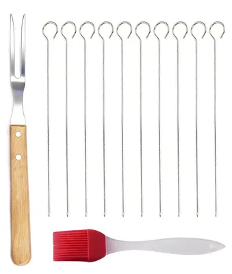 Grill-Set: Fleischgabel, 10 Spieße, Ölpinsel, Edelstahl, 32,5 cm
