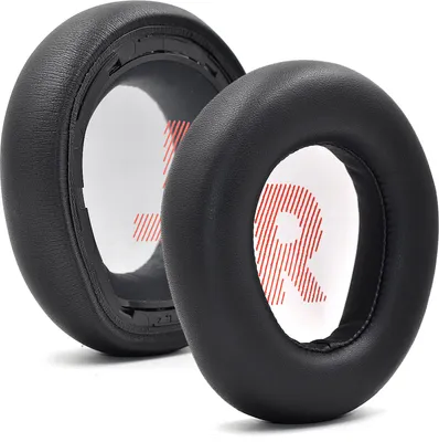 Two black ear pads for headphones are shown against a white background.