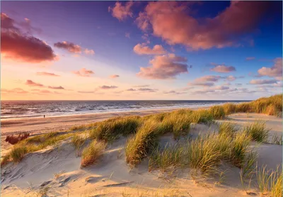 Produktbild von Wallario Fototapete Vliestapete, seidenmatte Oberfläche, einfache Verarbeitung, Größe 300 x 210 cm, Motiv Abendspaziergang am Strand - Sonnenuntergang über dem Meer