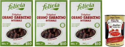 Produktbild von 3x Felicia Tortiglioni di Grano Saraceno Integrale,Pasta mit 100% -Buchweizen,Bio und Natürlich Glutenfrei,Packung mit 340g + Italian Gourmet Polpa di Pomodoro 400g Dose