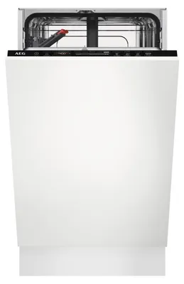 A front view of a white, fully integrated AEG dishwasher.