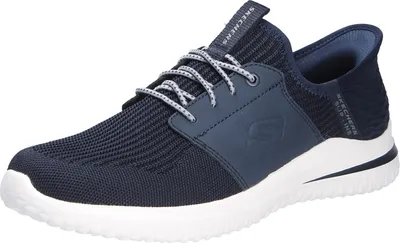A single blue Skechers sneaker is shown from a side angle on a white background.