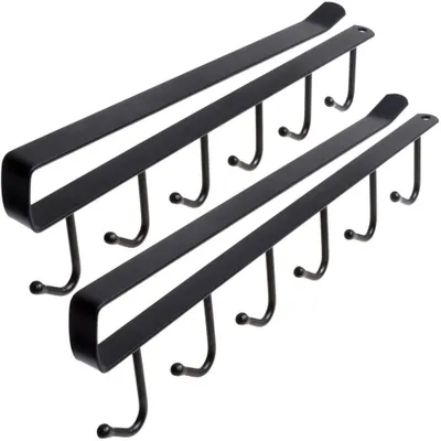 Two black metal under-shelf mug racks with hooks.