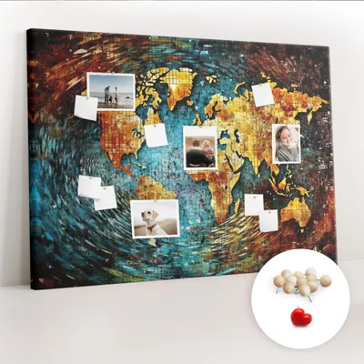 Obrázek produktu pro Korková nástěnka s kolíčky - Tabule s kolíky pro fotografie a poznámky - 140x100 cm - Připínáčky dřevěné 100 kusů - Svět chaosu