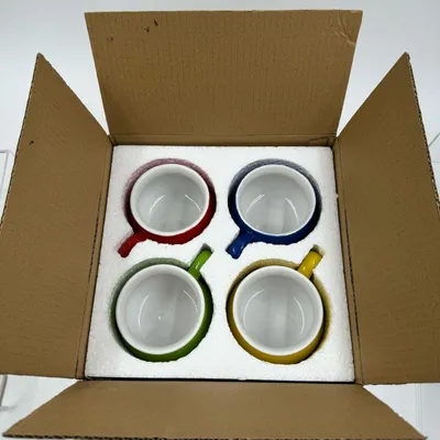 Image de BURI Set de 4 bols à soupe en céramique | Bols à anse colorés avec slogans | 400 ml | Lavable au lave-vaisselle & au micro-ondes | Style méditerranéen