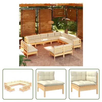 Produktbild von The Living Store 12-tlg. Garten-Lounge-Set mit Creme Kissen Massivholz Kiefer