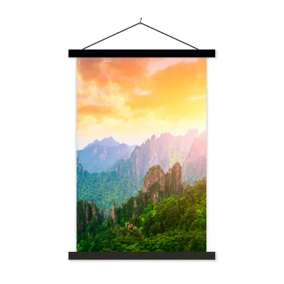 Produktbild von MuchoWow® Textilposter Berge - Bäume - Sonnenuntergang - Natur 40x60 cm mit schwarzem Rahmen - Wanddekorationen
