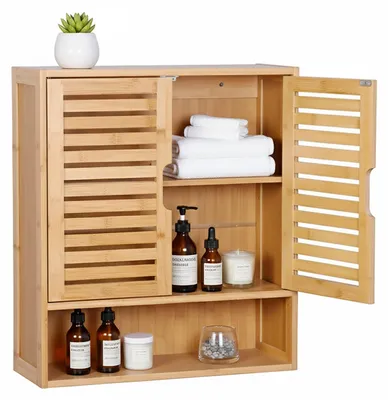 Hängeschrank Bad 3 Fächer 66x59x21 cm Lamellentüren Natur
