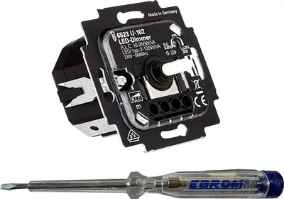 Produktbild von Busch Jäger LED-Drehdimmer (LED Dimmer) 6523 U-102 + EBROM Phasenprüfer zur Montage des Dimmers, 6523U-102 Mindest- und Höchsthelligkeit - Phasenanschnitt oder Phasenabschnitt