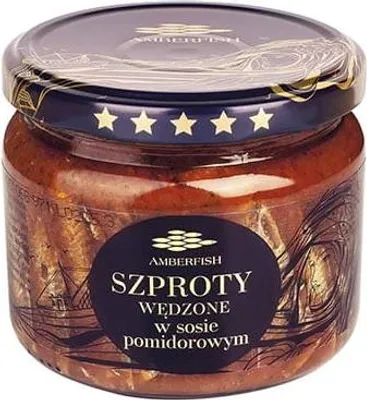 BAŁTYCKIE SZPROTY WĘDZONE W SOSIE POMIDOROWYM 280g AMBERFISH