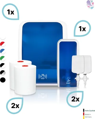 Produktbild von KOMPLETT-SET Waschraum SENSOR: Handtuchrollenspender SENSOR + 2 TAD Handtuchrollen + Schaumseifenspender SENSOR + 2 Kartuschen : Farbe - Blau / Weiß Farbe: Blau / Weiß
