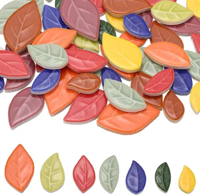 Produktbild von Keramik-Mosaikfliesen für Bastelarbeiten und DIY-Projekte, Blattformen in gemischten Farben, 300 g