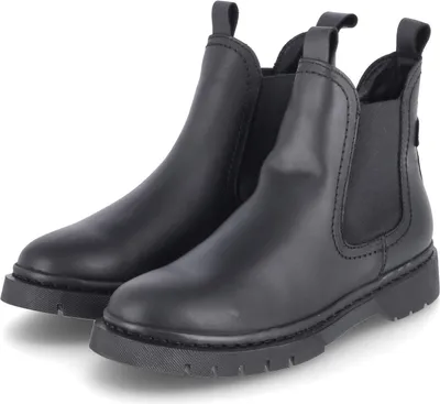 A pair of black leather Chelsea boots are shown against a white background.