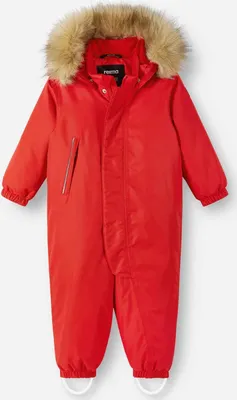 A red winter snowsuit with a fur-lined hood is displayed against a white background.