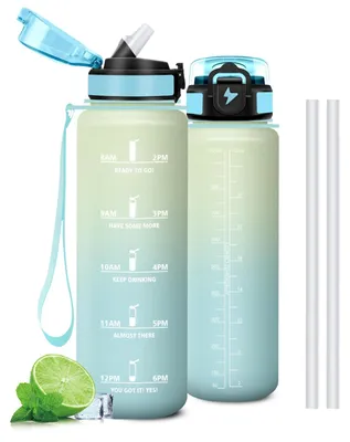 Imagen del producto de Botella de agua Mujigaga de 1 litro, botella deportiva a prueba de fugas, botella de agua con cierre seguro, con indicador de tiempo y cordón, botellas de agua