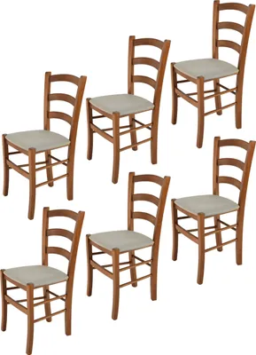 Image de t m c s Tommychairs - Lot de 6 chaises VENICE pour la cuisine et la salle à manger, structure robuste en bois de hêtre laqué de couleur brun noyer clair et assise rembourrée recouverte de STOFF de couleur brun chamois