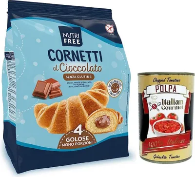 Produktbild von Nutrifree Cornetti al Cioccolato,Croissants gefüllt mit köstlicher Schokoladencreme,Glutenfrei,240g,Multipack mit 4 Einzelportionen + Italian Gourmet Polpa di Pomodoro 400g Dose