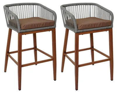 Produktbild von 2er-Set Rope-Barhocker, HxBxT 92x51x53 cm, Sitzhöhe 76 cm, Hellgrau, Kissen Taupe, Outdoor Sitzpolster Seilgeflecht Metall Holz-Optik